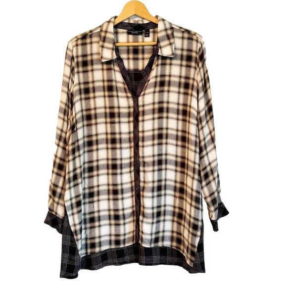 Susan Graver Women’s XLP Beige Mixed Plaid Tunic Top Pockets Preppy Quiet Luxury - Picture 1 of 10